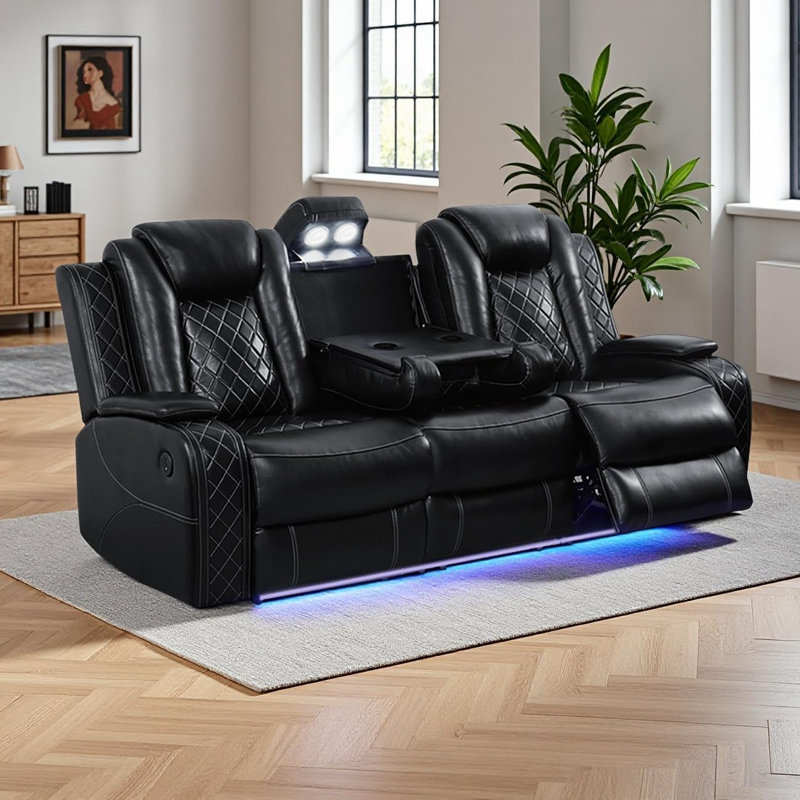 83.5" Breathing Leather Power Recliner Sofa With Middle Drop-down Table, Black