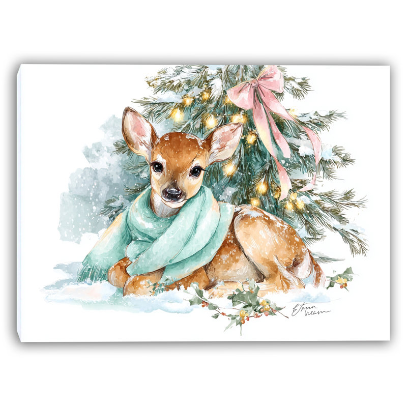 Art mural sur toile Fawn Under Holiday Pines, H 36 po x l 48 po