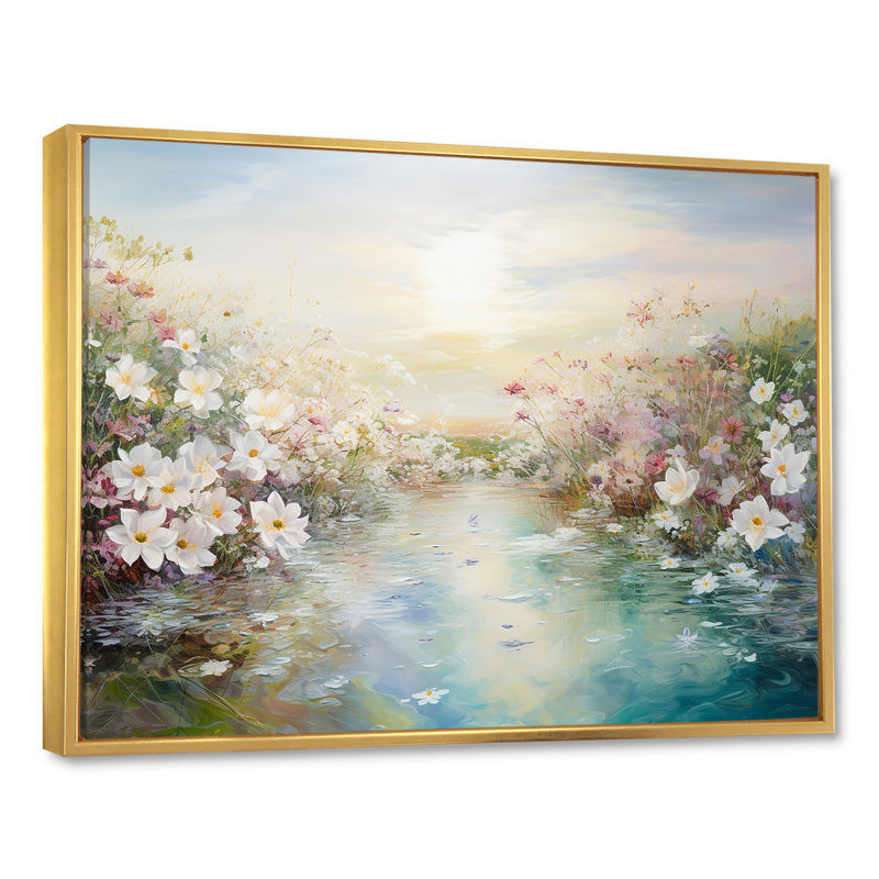 «Simplity Wreath Green Flower Field I» sur toile, Cadre flottant doré, H 30 po x l 40 po
