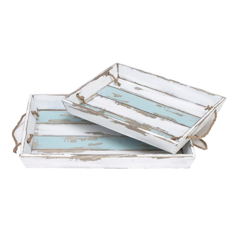 Nautical White and Blue Wood Rectangular Tray Set with Jute Handles