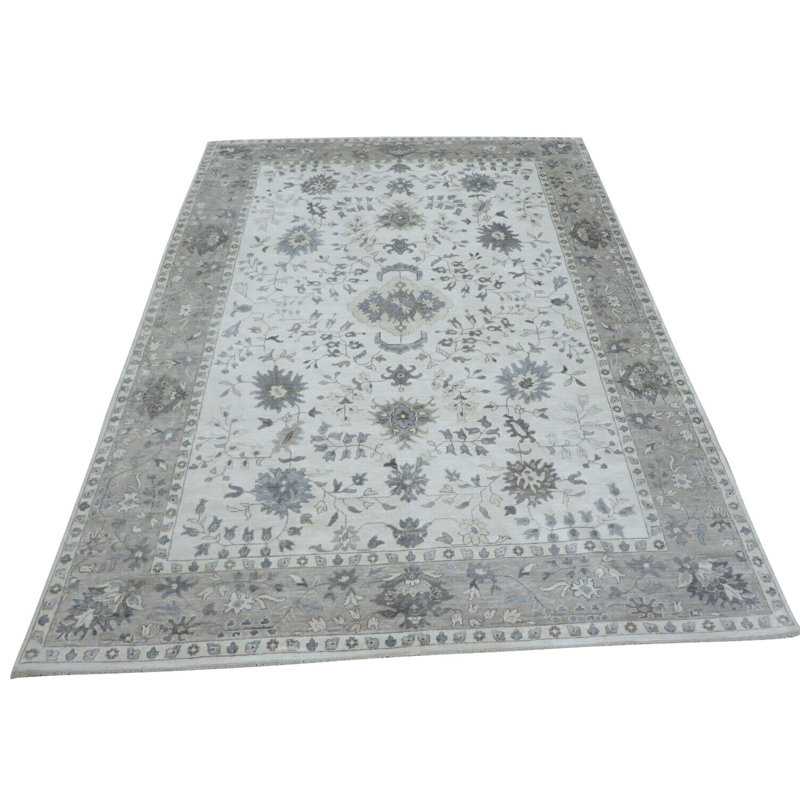 Tapis gris / beige en laine noué à la main de conception unique 10 pi 2 po x 13 pi 9 po Broadhurst