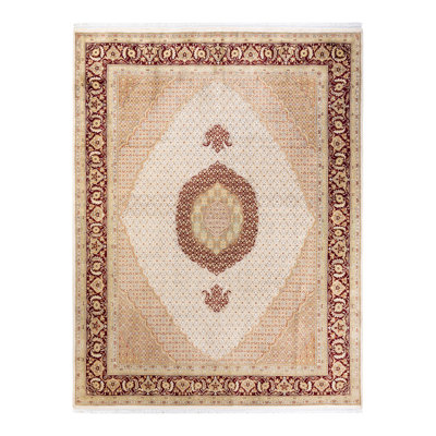 Tapis unique en laine noué à la main nouvel âge de 8 pi 1 po x 10 pi 5 po Hayner en ivoire / brun / jaune / rouge