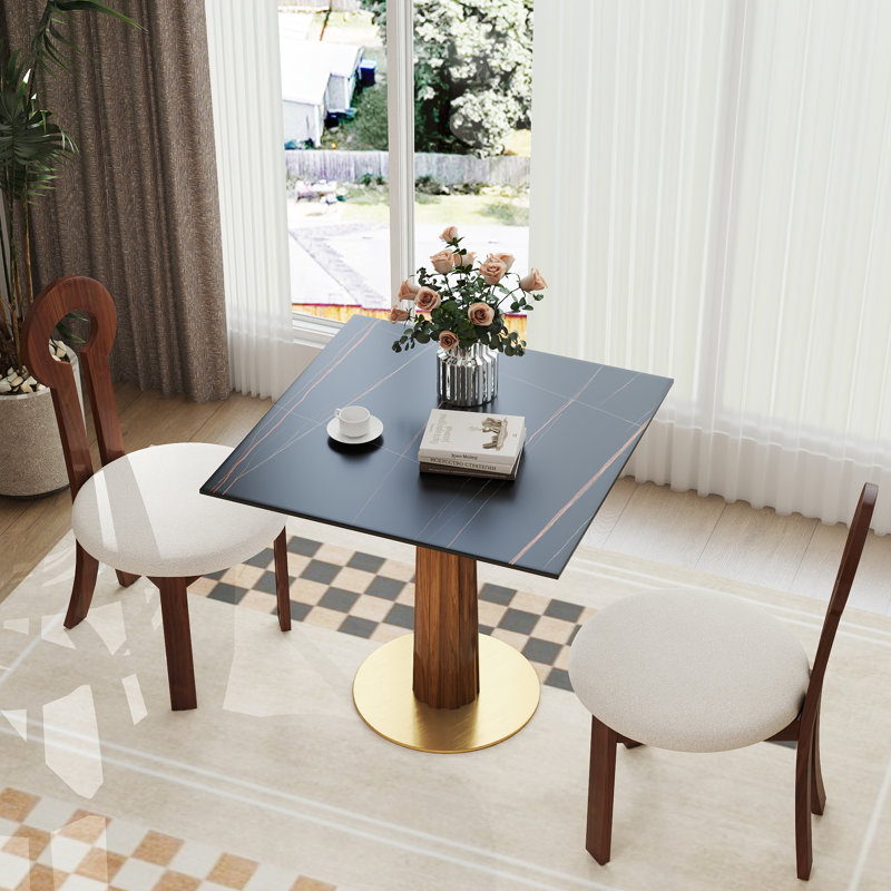 Modern 3-Piece Dining Set with 33.5"Square Sintered Stone Top&Solid Wood Table and 2 Solid Wood Chairs – Small Space Kitchen Table Set with Metal Base
