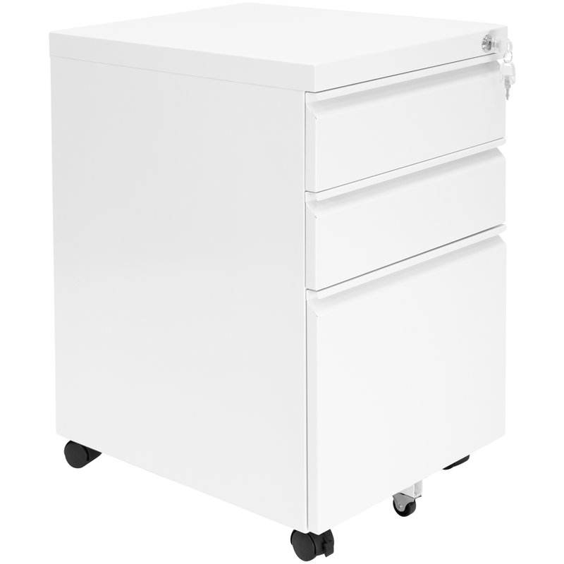 Mount-It! Three Drawer Cabinet for Under Desk with Wheels with Lock for Files, and Materials, White
