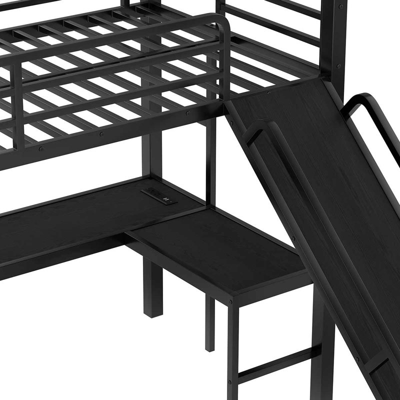 Lit superposé triple en métal, lit superposé avec lit mezzanine simple, avec glissade et ports USB, noir