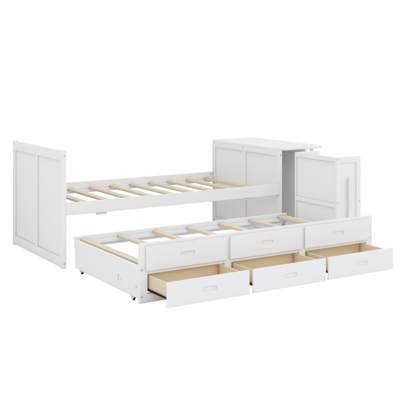 Lit plateforme multifonctionnel en bois avec bureau, tablette de rangement au bout du lit, lit gigogne intégré et tiroirs