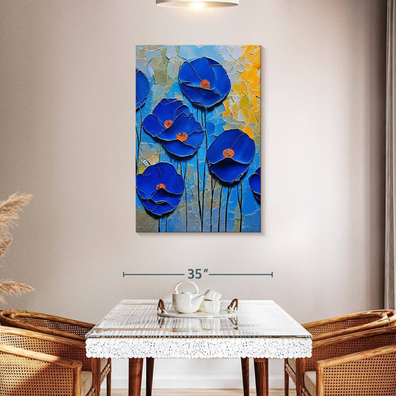 Coquelicots Harnek - Fresque moderne craquelée bleue, H 45 po x l 30 po
