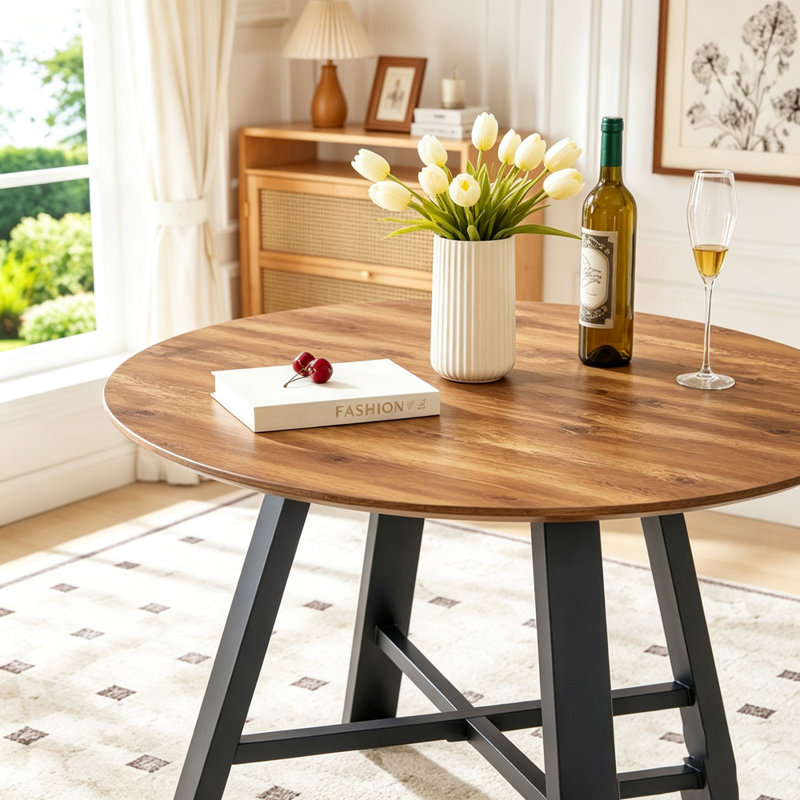 Table de salle à manger ronde de 42 po avec plateau en bois aggloméré texturé et pieds noirs