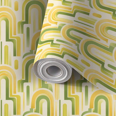 Peel and Stick Wallpaper Contact Paper Retro Art Deco Arch Seamless Soft Yellow Green Pastel Tones Self Adhesive and Removable 24in x 118in(60x300cm)