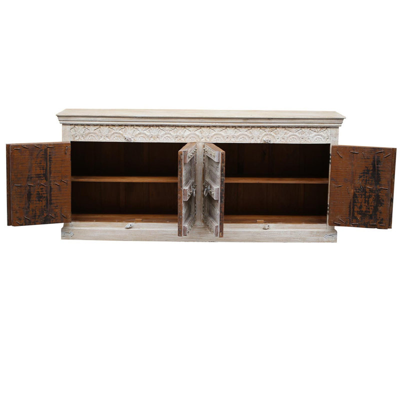 Ranch Style 4 Antique Door 88" Long Sideboard In Distressed Finish
