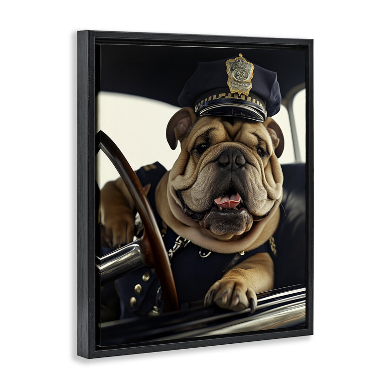 «Police Dog in Car», encadrée par Floater par Ray Heere, Cadre flottant noir de jais, H 21 po x l 17 po