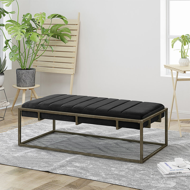 Upholstered Velvet Ottoman Bench With Brass Finish, Black
