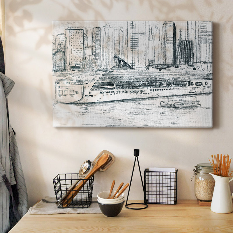 Toile tendue avec embarcations de traversier II, H 8 po x l 12 po