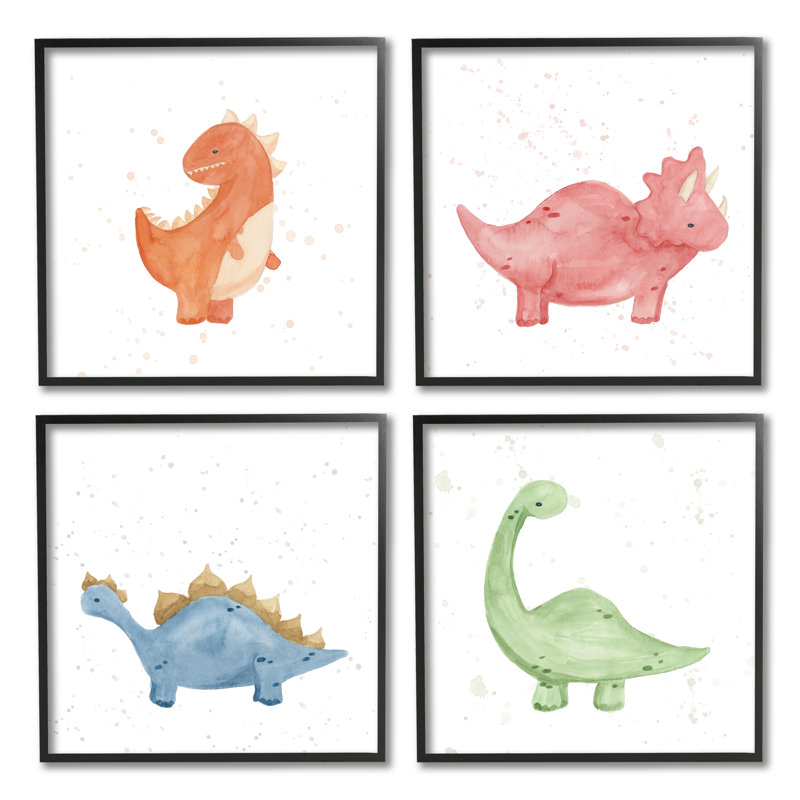 «Fun Nursery Dinosaurs Animals» par Lucille Price - ensemble de 4 impressions, Giclée encadrée noir minuit