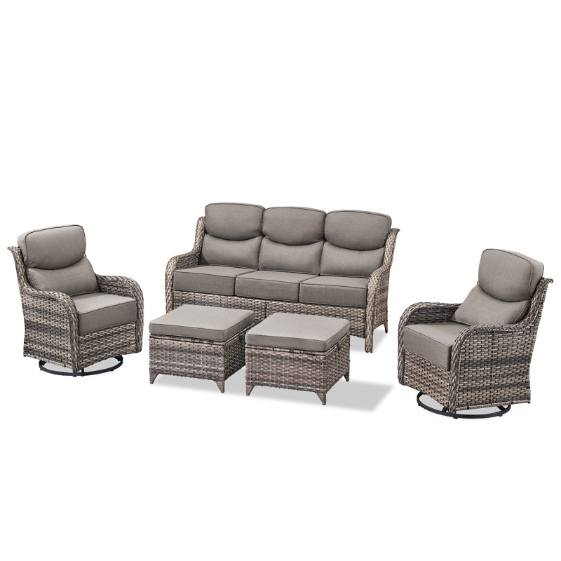 Meriline 5-Piece Wicker/Rattan Sofa Seating Group With 6" Thick Cushions, Gray, 5 Pcs: Sofa, 2 Chair, 2 Ottomans, Gray