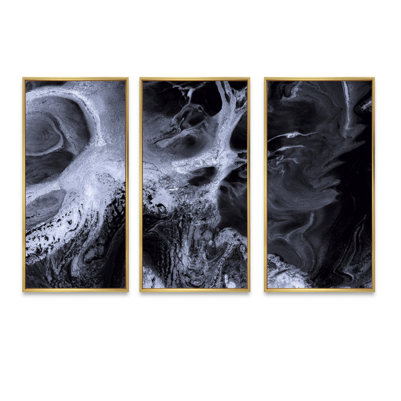 Vagues de marbre noir et blanc - ensemble d'art mural moderne sur toile encadrée 3, H 20 po x l 36 po, Doré