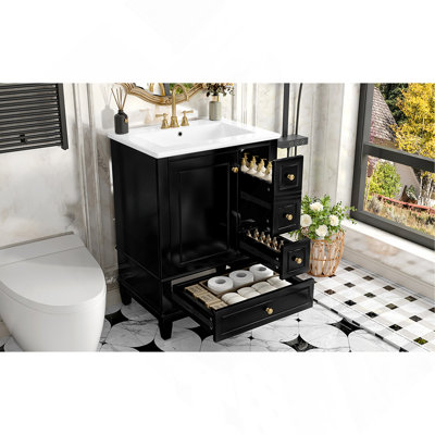 24" Bathroom Vanity with Sink and Drawers, Black Freestanding Vanity Cabinet with Ceramic Top and Storage Shelves, MDF and Solid Wood Base