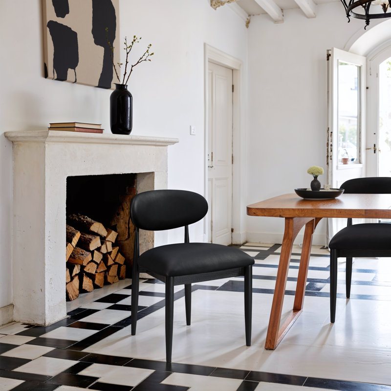 Riccio Vegan Leather Upholstered Dining Side Chair, Black, Stained Black / Brushed Brass
