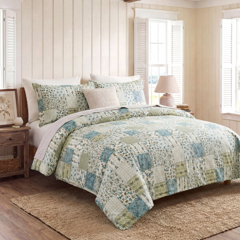 Ensemble d'édredon rétro 100% coton bleu avec patchwork rétro Literie 3 pièces toutes saisons édredon doux et respirant (patchwork bleu, grand)