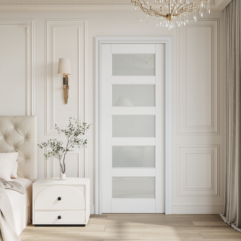 Porte intérieure en verre trempé givré de 28 po x 96 po à 5 verres, porte intérieure en aluminium apprêté prêt à peindre, sans quincaillerie, pour la chambre à coucher, le placard, le couloir, le salon, le garde-manger et la salle de bain , Française et pliante