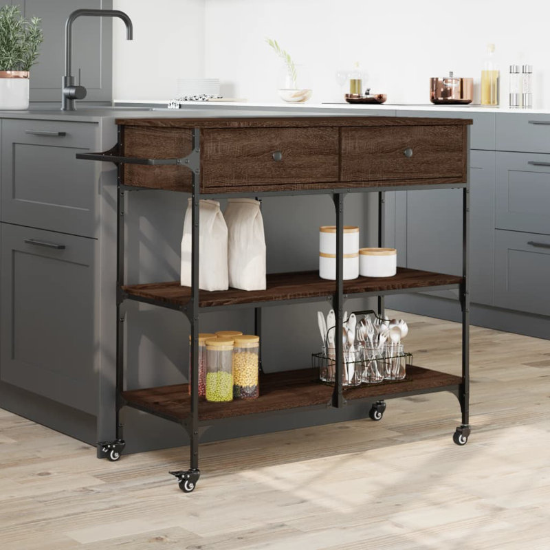 Geyve Metal Bar Cart, Brown Oak
