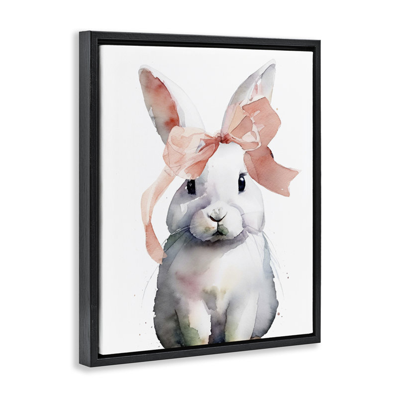 Lapin avec cadre flottant à ruban rose doux, design par Lil 'Rue, Cadre flottant noir de jais, H 21 po x l 17 po