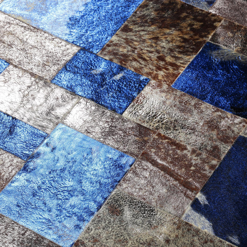 Blue Leaf Cowhide Patchwork Rug 4 X 6 Ft, Rectangle 4' x 6'