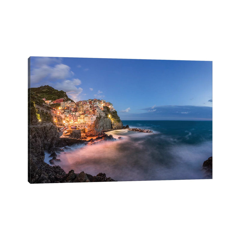 Italy, Cinque Terre, Manarola. Hilltop Town And Stormy Ocean At Sunset. by Jaynes Gallery - Wrapped Canvas Gallery-Wrapped Canvas Giclée