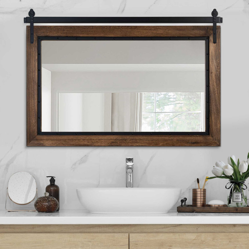 Farmhouse Barn Door Style Natural Wood Bathroom Vanity Wall Mirror, 26'' x 40''