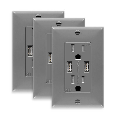 Décorateur résidentiel inviolable 15 A TopGreener avec prise USB double type A et plaque murale, gris (paquet de 3)
