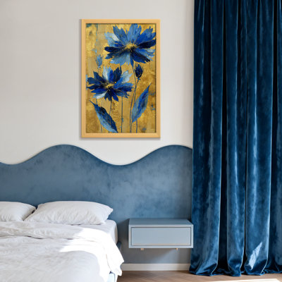 Plantes et fleurs, fleurs bleues sur fond doré, reproduction d'art
