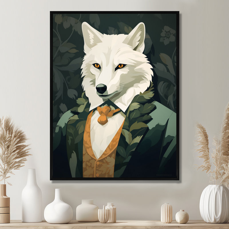 Élégant loup blanc en costume vert - loup, art mural, salon, Toile avec cadre flottant noir, H 20 po x l 12 po x P 1 po