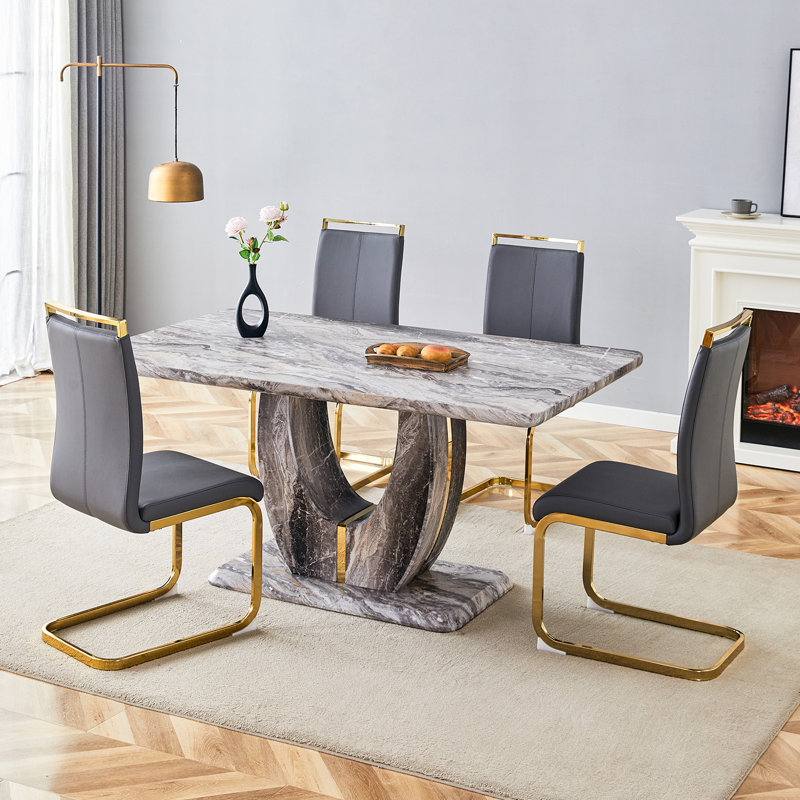 63" Modern Dining Table Set With PU Leather Chairs, U-Shaped MDF Base, Gray, 5 Pieces: Table, 4 Chairs