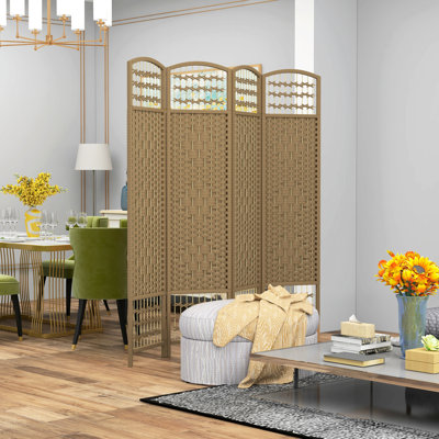 Cloison d'intimité de 5,6 pi pour mur, écran à 4 panneaux de fibres ondulées, cloison pliante de style naturel pour chambre à coucher, mur, rehausseur d’ambiance