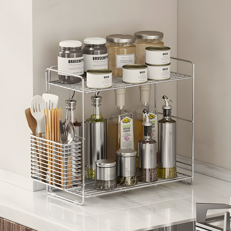 Support à épices en acier inoxydable 304 pour comptoir de cuisine, organisateur à 2 niveaux à bord étroit pour le rangement de vinaigre de sauce soja à l'huile de sel