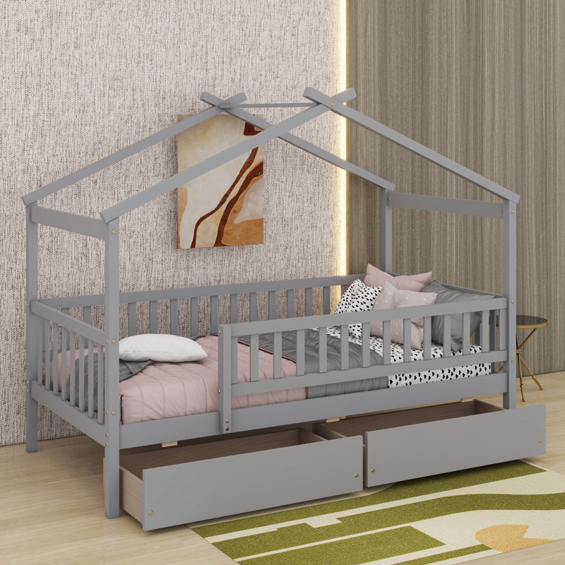 Lit simple en bois avec tiroirs, Gris