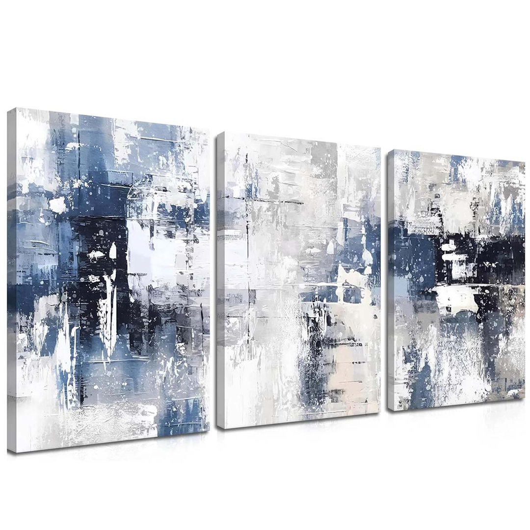 60*40,Blue And White Wall Art Set Of 3, Modern Simple Navy Framed Canvas Prints Poster, Gray Painting.