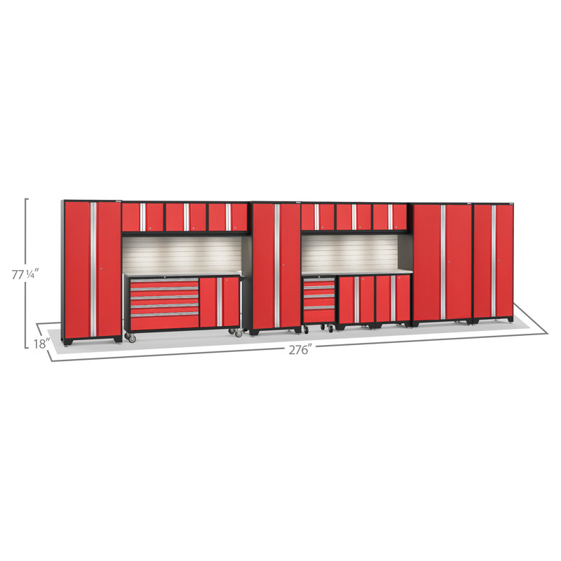 Bold Series 15 Piece Garage Storage Cabinet Set, LED Light, Red, Stainless Steel