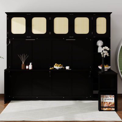 Lit escamotable avec bureau, lit escamotable en bois avec armoires en rotin pour chambre à coucher, bureau personnel