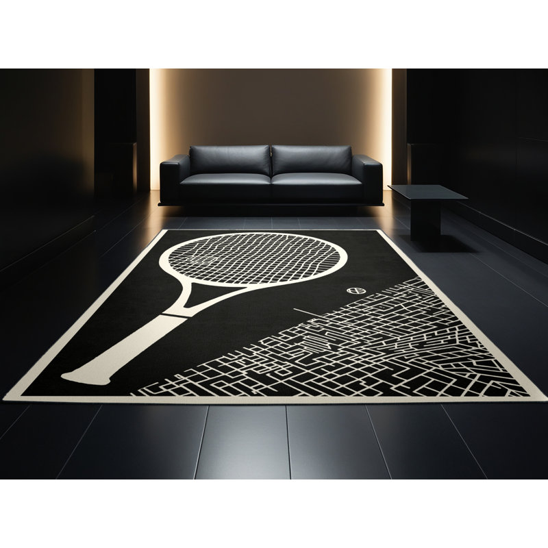 Machine Washable Rayan Racquetball Racket Ball Modern Geometric Rug in Green – Black Binding, 2x3