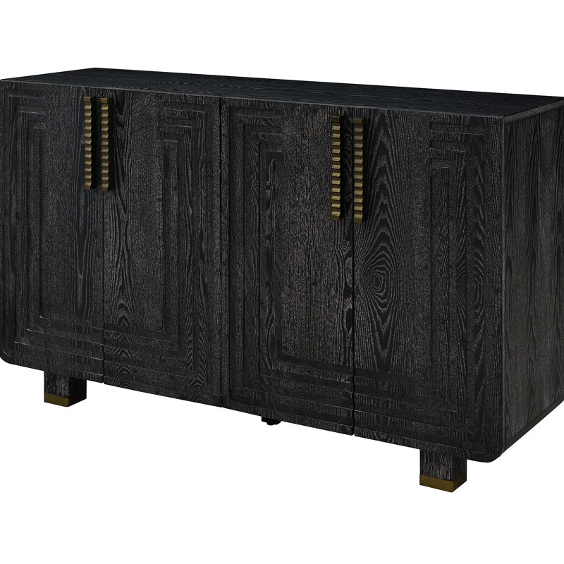 Buffet de rangement rétro de 54 pouces avec configuration à 4 portes, tablettes réglables, placage de frêne antique, ton noir, convient à différentes pièces, support en bois massif, armoire à fermeture silencieuse, quatre