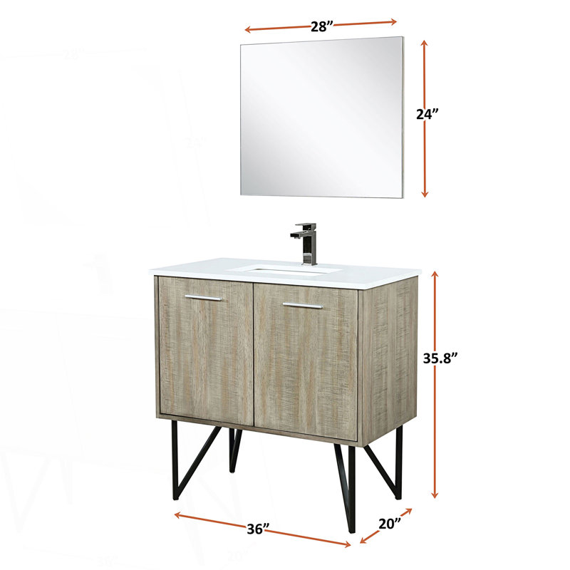 36 po X P 20 po De salle de bain rustique avec comptoir en quartz blanc, robinet en métal Miroir, Métal industriel, 36"