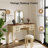46" Vintage Vanity with Floral Carved Mirror, 5 Drawers & Leather Stool, Cream & Walnut Finish, Solid Rubber Wood Legs
