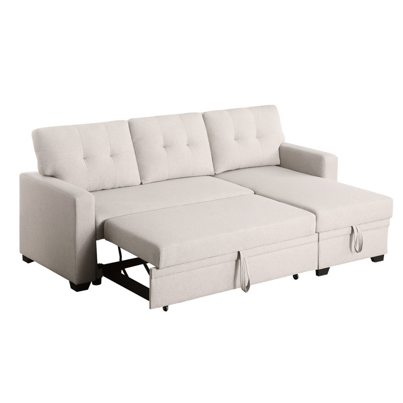 Canapé modulaire rembourré beige avec méridienne - rembourrage en mousse de lin à 3 sièges, coussins de dossier amovibles et rangement pour accueillir et divertir les attentes des visiteurs de nuit