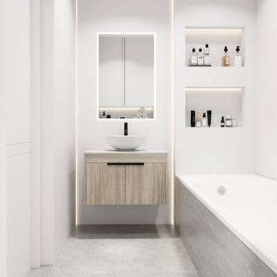 Meuble-lavabo de 30 po avec lavabo d'art en céramique. Style mural en chêne blanc. Porte à fermeture en douceur pour une utilisation silencieuse. Rangement spacieux. Armoire en contreplaqué. Meuble-lavabo moderne de 24,51 po de hauteur. Chêne. Lavabo et porte.