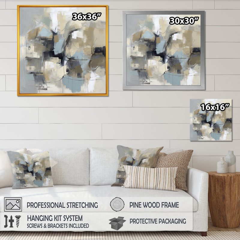Beige et gris, Créature sans limite I - Art mural abstrait pour salon, H 24 po x l 24 po x P 1 po, Toile tendue