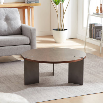 Table basse en bois de noyer avec base en métal - forme ronde, surface facile à nettoyer pour les familles pieds noirs, lignes modernes Smooth Lines