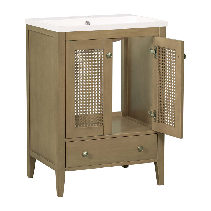 Meuble-lavabo 24 po avec lavabo en céramique, meuble de rangement en rotin avec deux portes et tiroir, structure solide, naturel