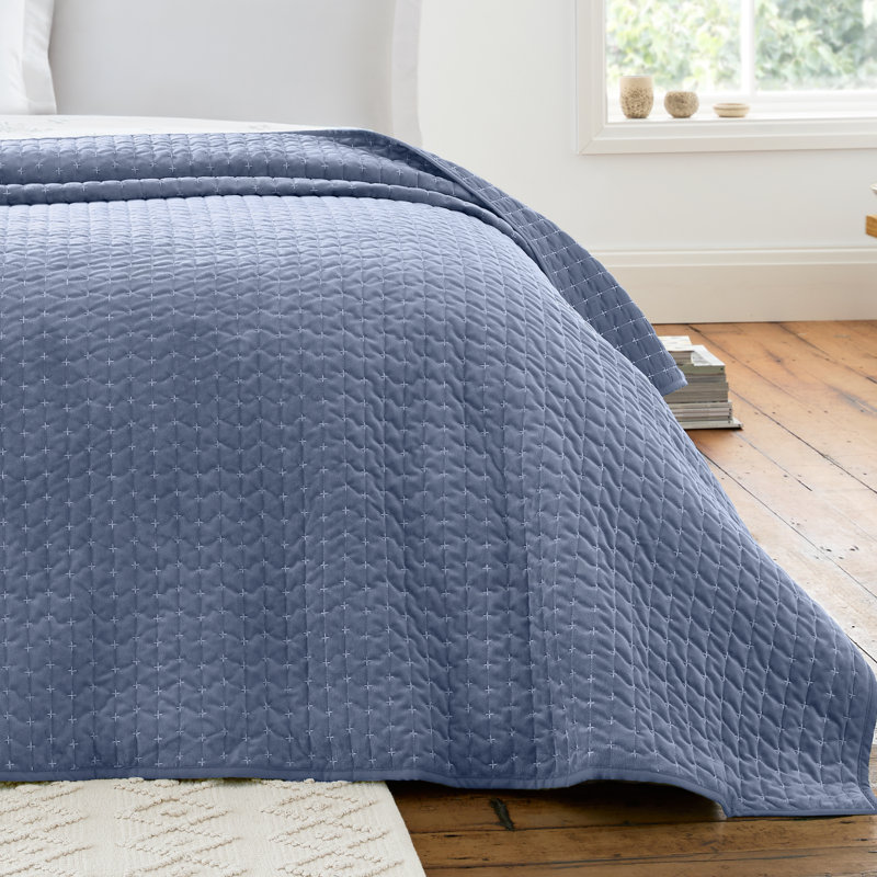 Attica Velvet Embroidered Bedspread, Blue