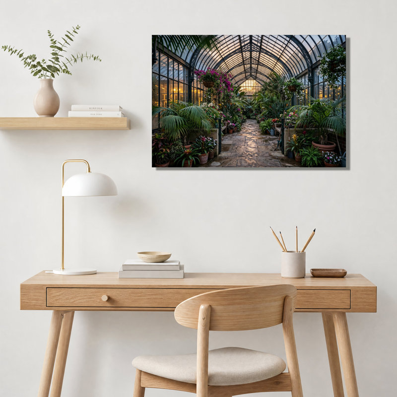 Serre en verre ensoleillée avec plantes tropicales - Tableau sur toile, 20"H x 30"W